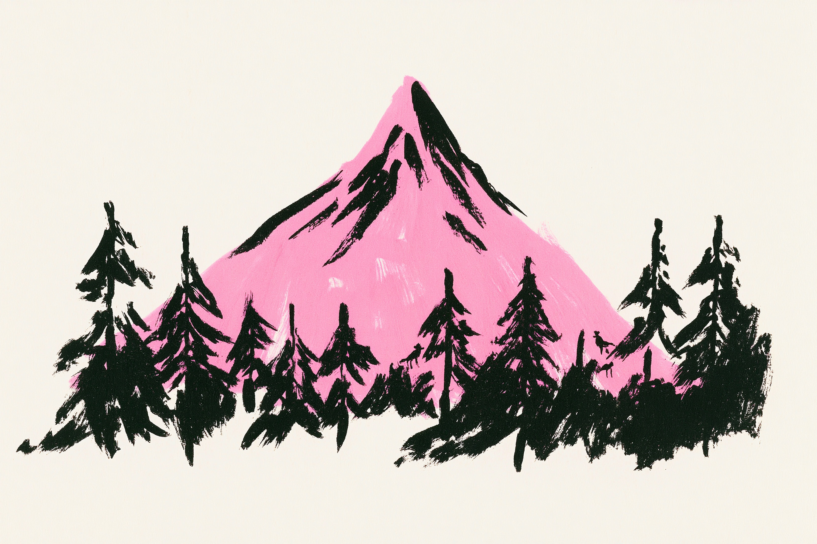 Brush illustration of a pink mountain peak above a stand of inky trees.