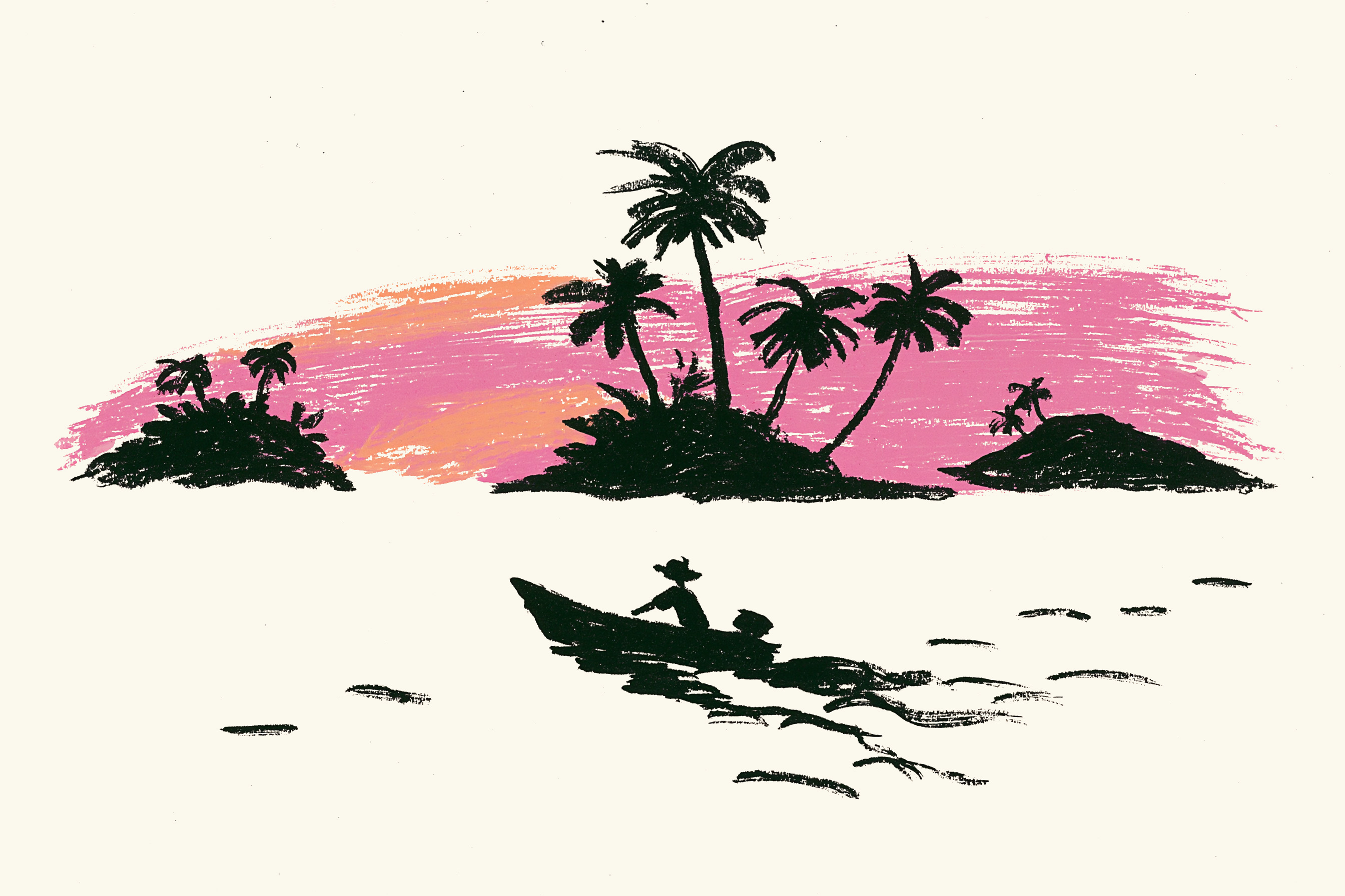 Brush illustration of a small boat at sunset off a Ryukyu island.